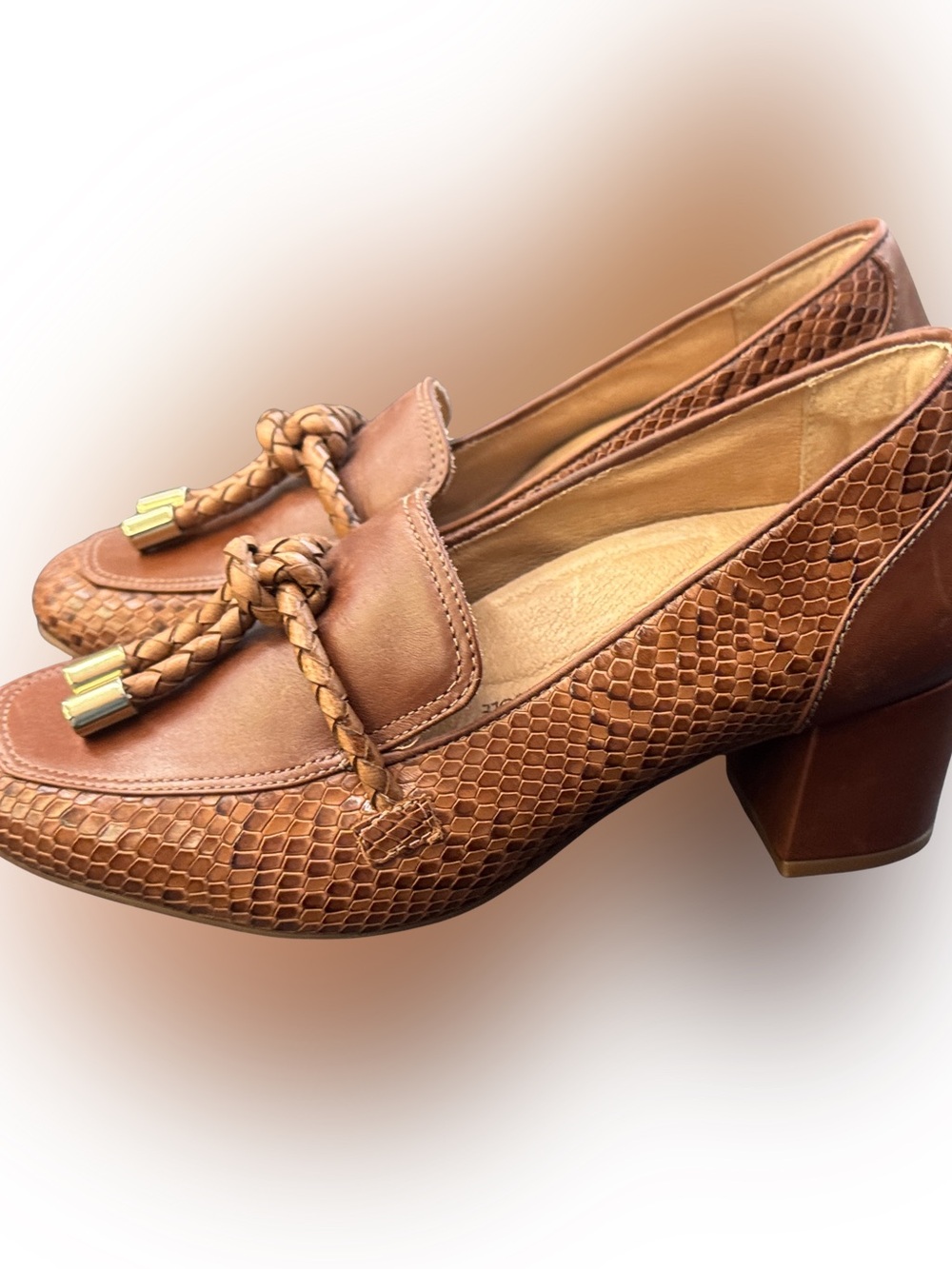 Brioso Maureen Snakeskin Braided Detail Tan Leather Heeled Loafers